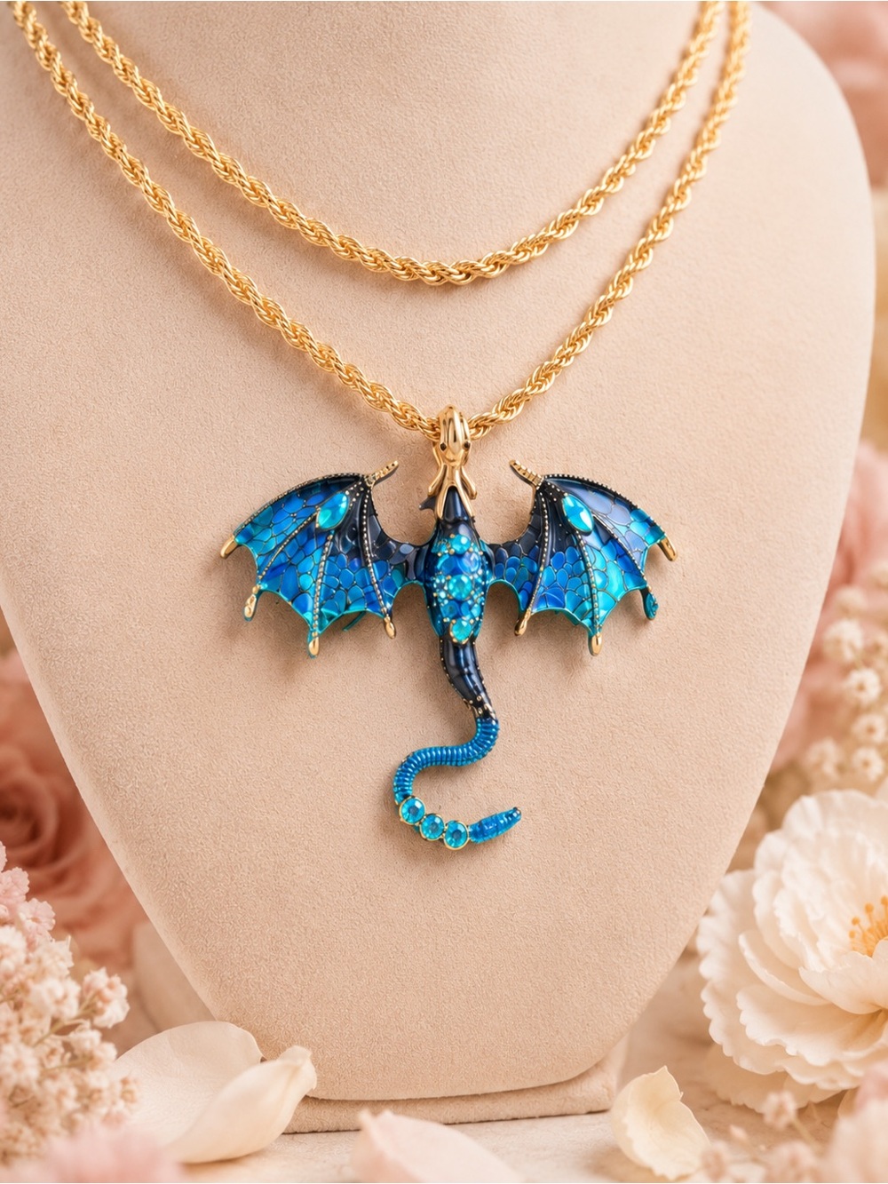 Gold Chain Necklace with Blue Dragon Pendant - Picture 5 of 5